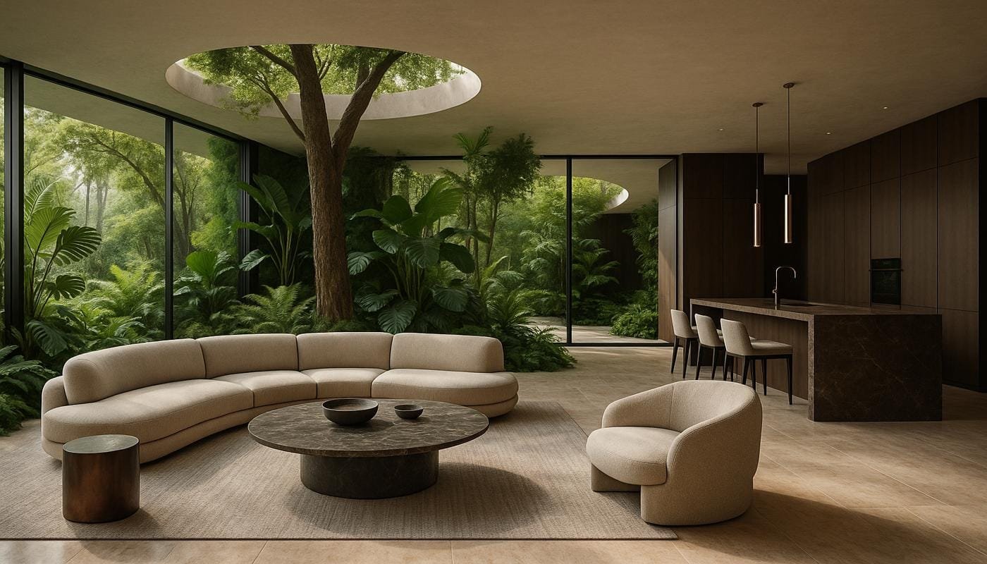 Curved cream sofa and wood kitchen by best interior design companies in Dubai and UAE.