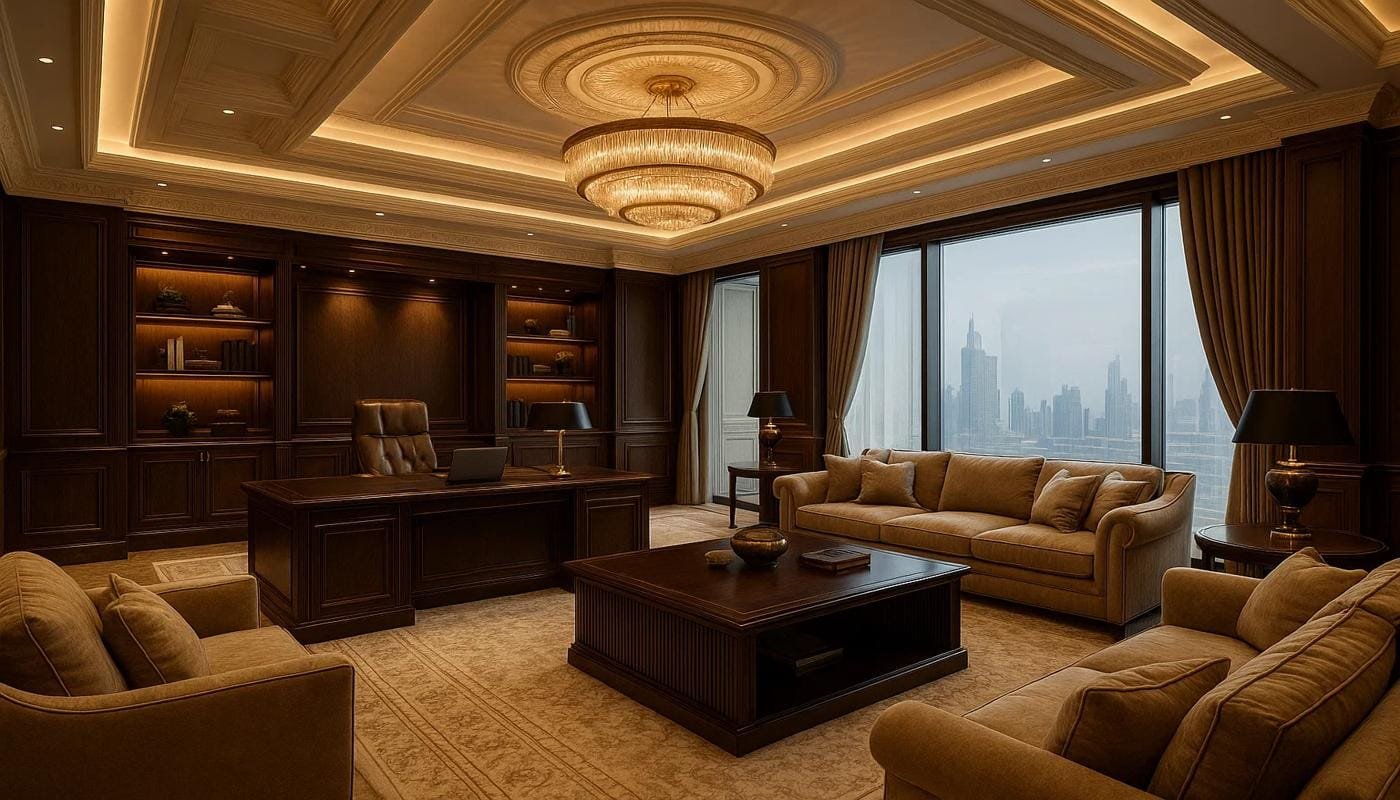 Luxury executive office fit out with wood panel walls, chandelier ceiling and Dubai skyline views.