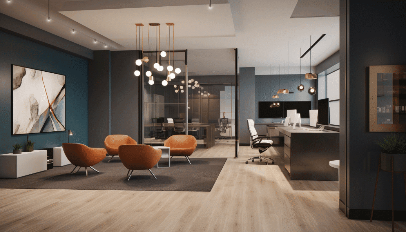 Stylish luxury office interior with plush seating and refined workspace in Dubai.