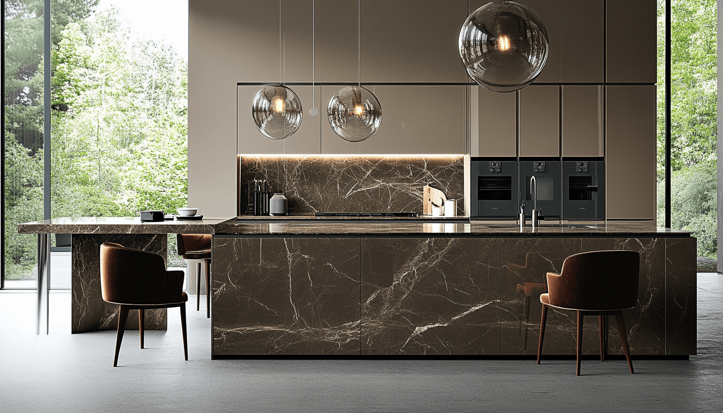 Premium kitchen remodel featuring dark marble island, open shelving, and modern lighting for a Lagos or Abuja luxury home.
