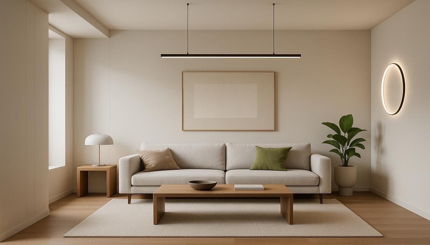 Bespoke interior design with modern sofa, wood table, and lighting