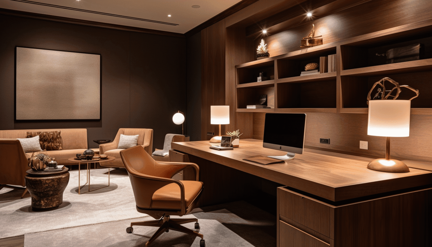 Warm wooden office interior design with leather chairs and desk lamps in Dubai.