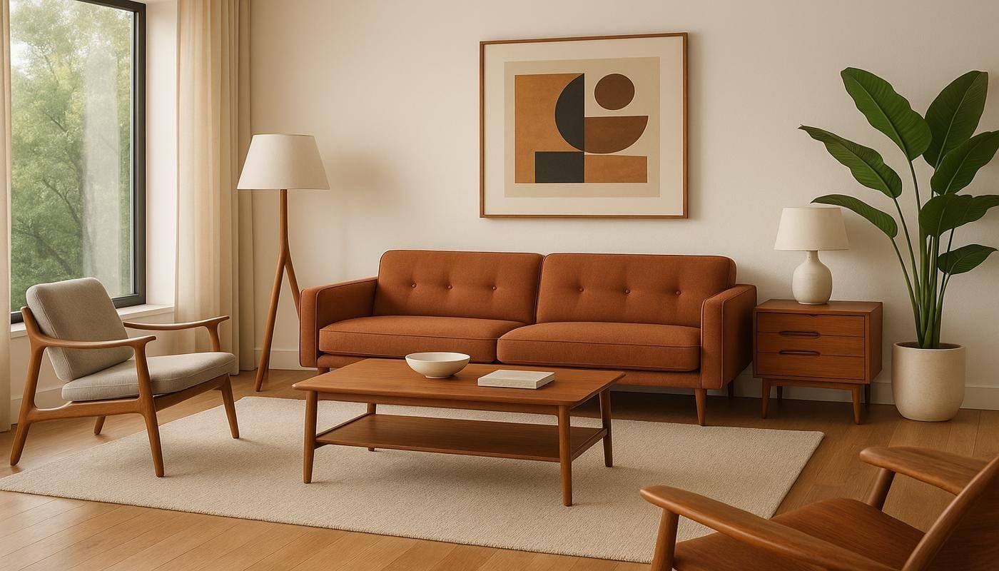 Bespoke contemporary living room with mid-century sofa, armchair, and bespoke lighting.