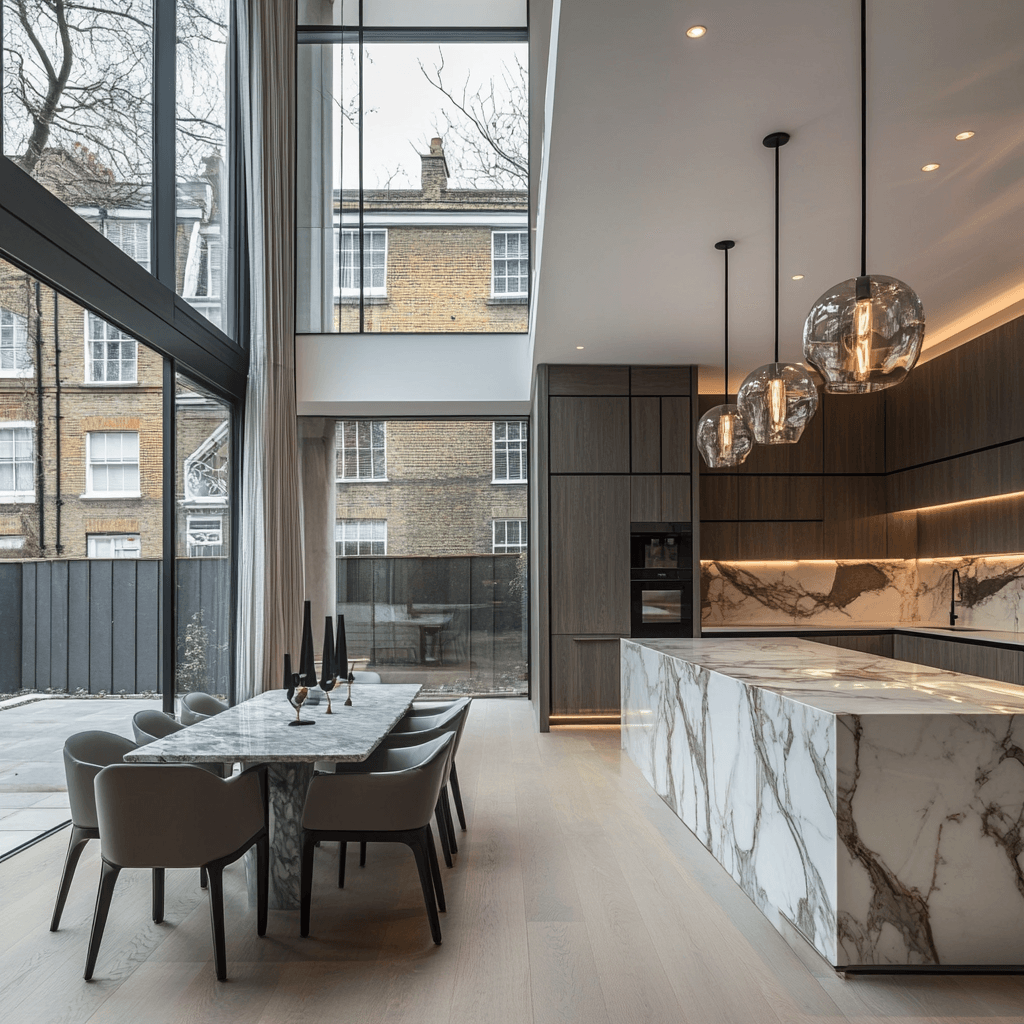 Luxury open plan kitchen with marble island and dining table for a Lagos or Abuja luxury home.