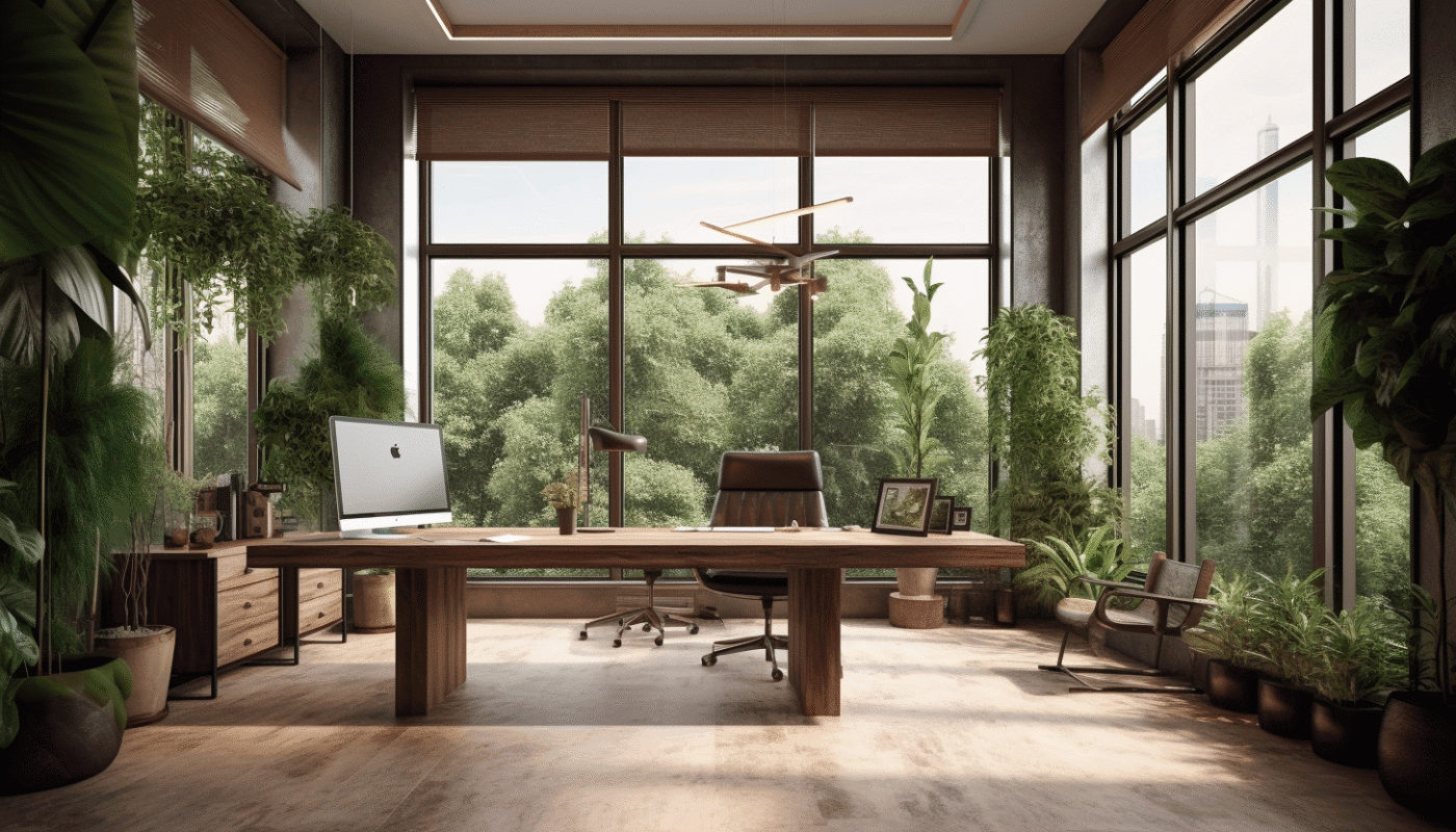 Modern office interior design with large windows, plants, and a sleek desk in Dubai.