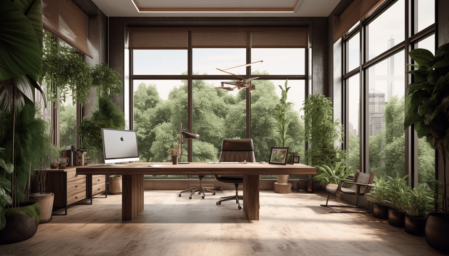 Modern office interior design with large windows, plants, and a sleek desk for a Lagos or Abuja luxury home.