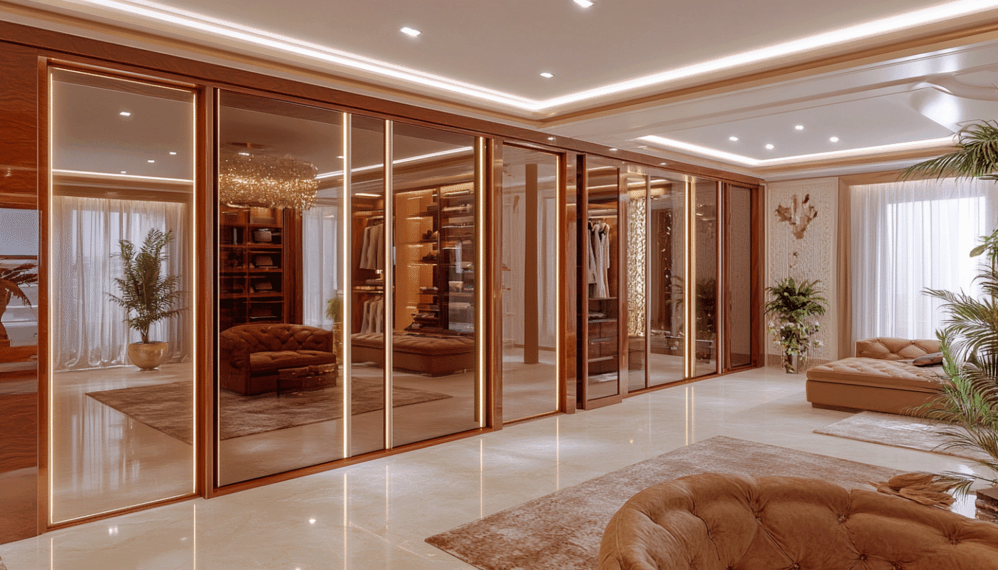 6 door sliding wardrobe with warm wood grain and subtle built-in lighting