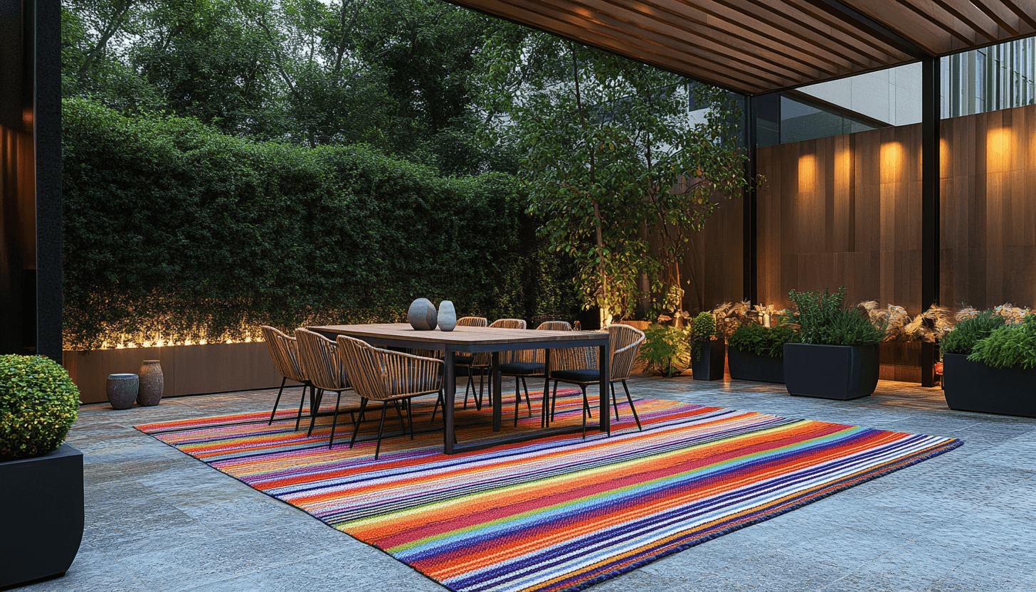 Colorful striped designer outdoor rug under a modern dining table in style patio for a Lagos or Abuja luxury home.