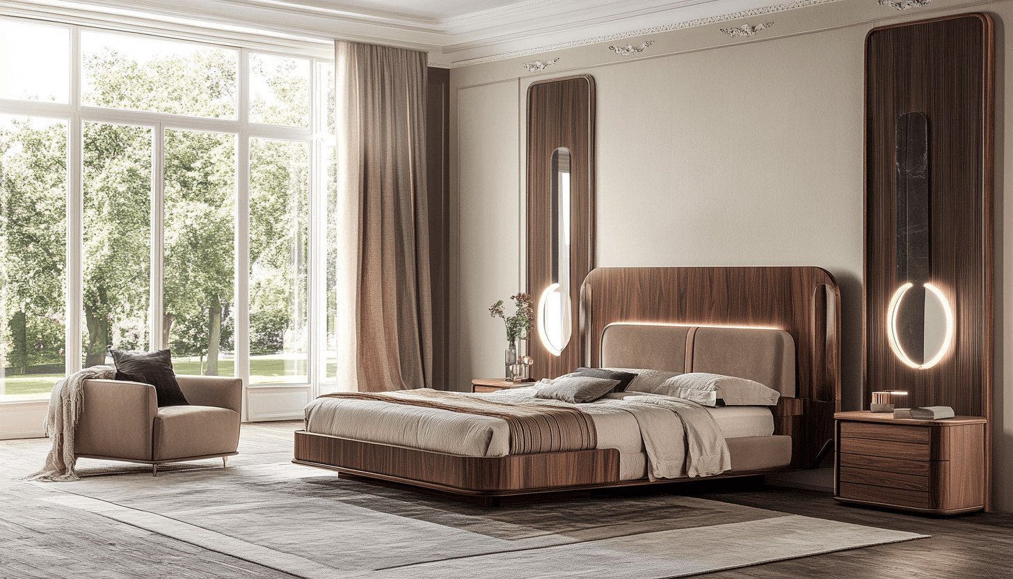 Modern wood bedroom furniture set with lighting and side tables in a home interior for a Lagos or Abuja luxury home.