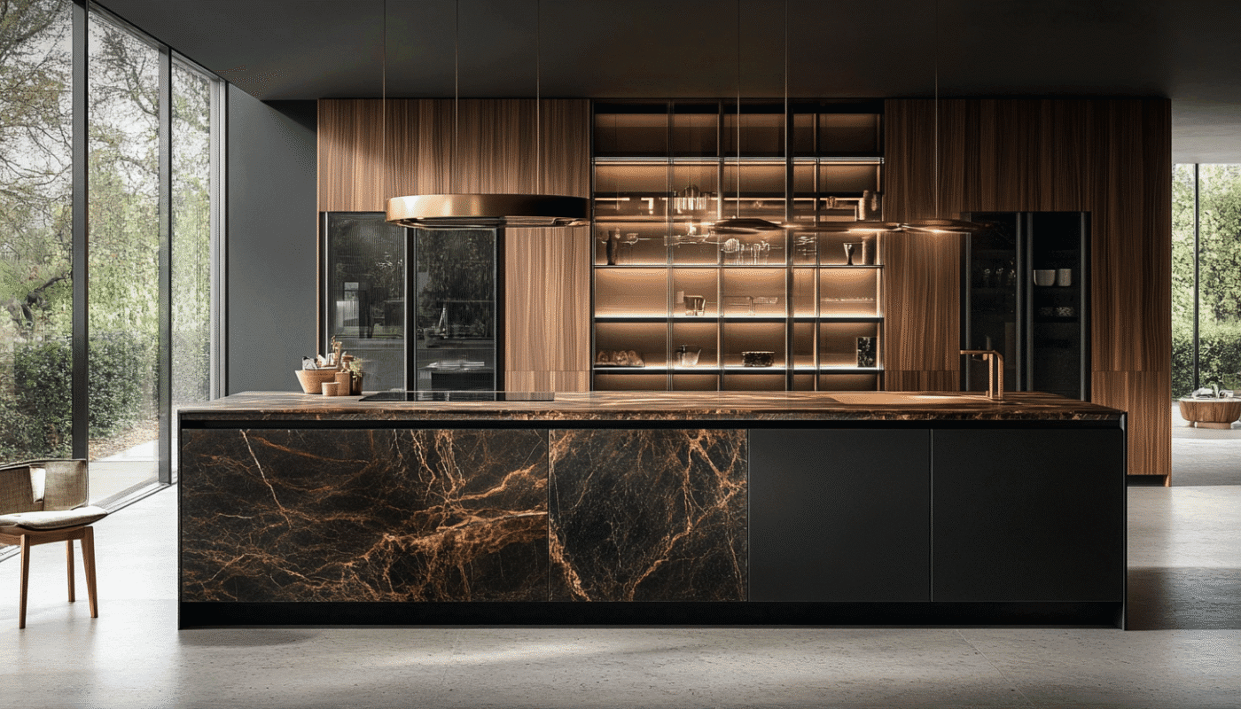 Contemporary kitchen remodel with marble island and wood cabinetry showcasing budget options