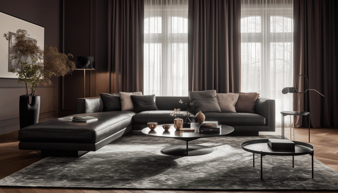 Modern living room with a grey rug under a leather sectional sofa and black coffee tables.