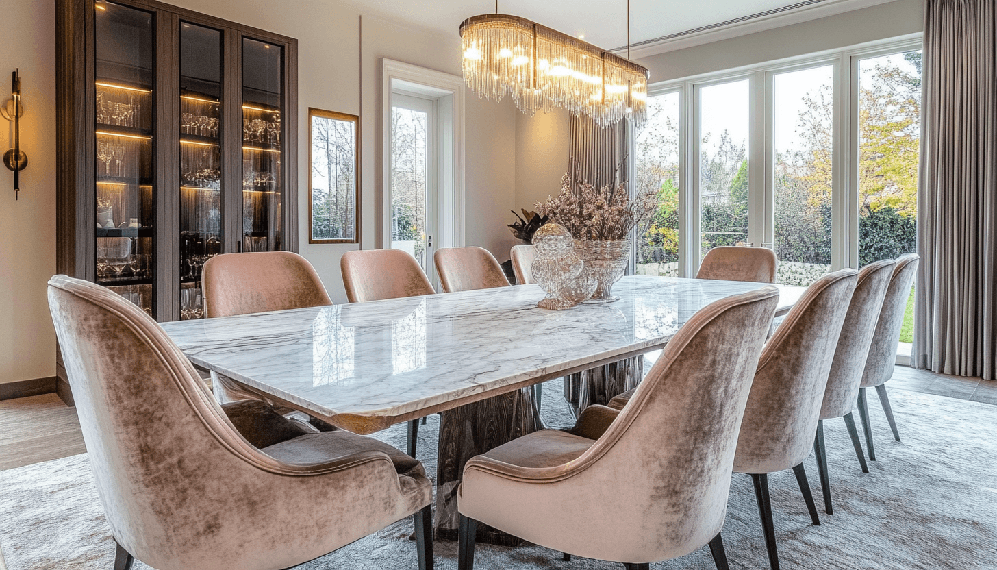 Crepe fabric dining chairs with linen fabric curtains around marble table for a Lagos or Abuja luxury home.