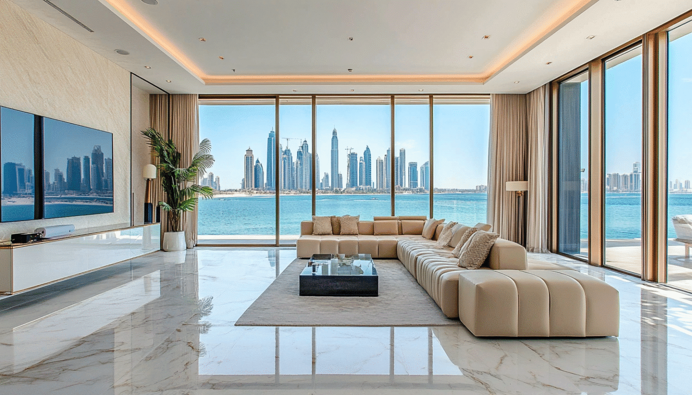 Modern villa living room with sea view for home renovation Lagos.
