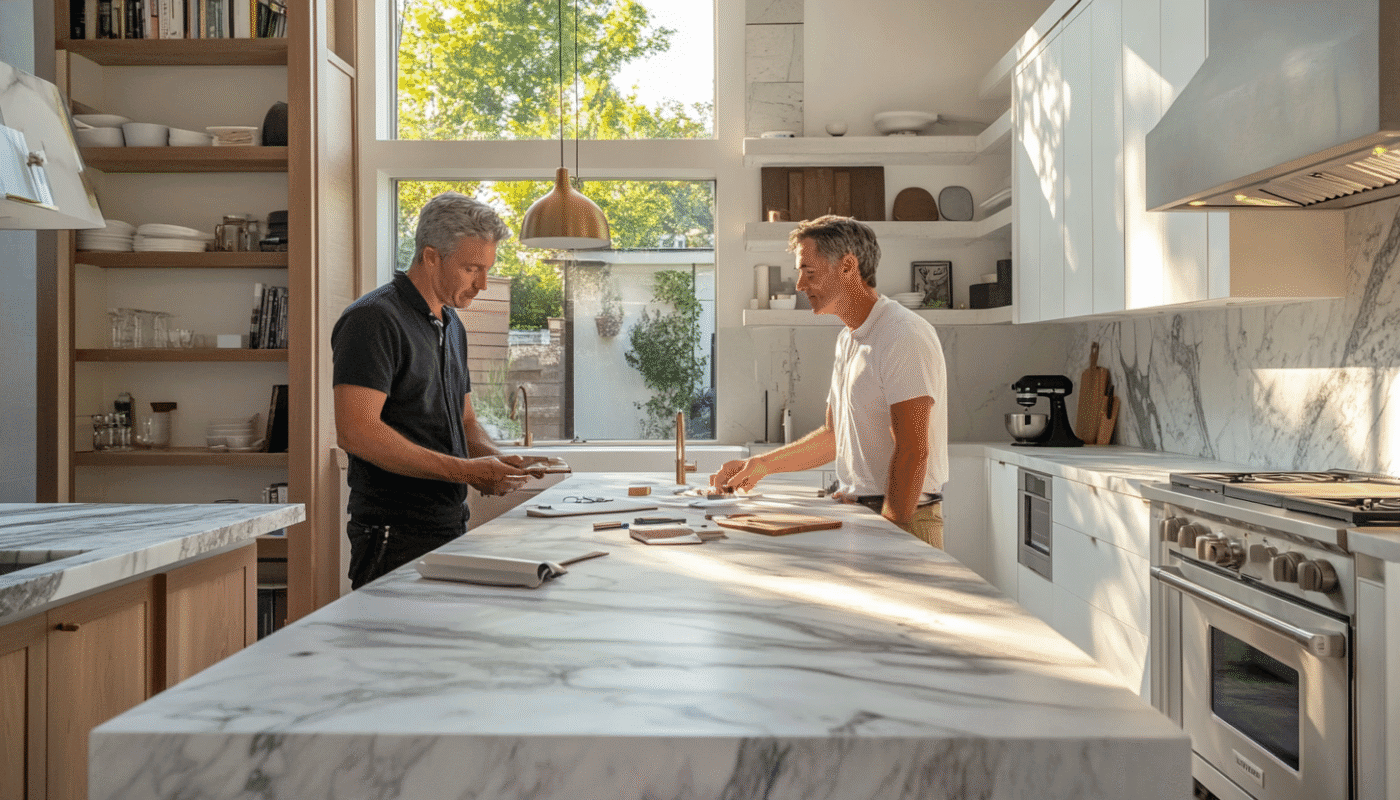 Bespoke contemporary kitchen with marble countertops and two men discussing design.