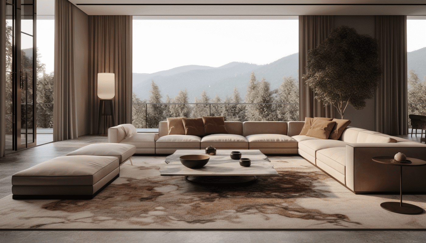 Big rugs for the living room under large beige sectional sofa with side table