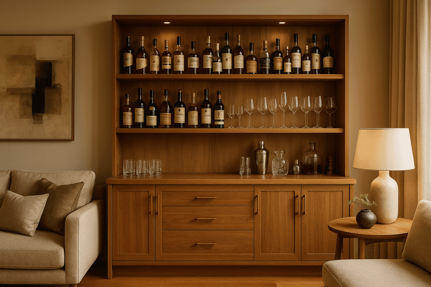 Stylish home bar with wooden cabinet, whiskey bottles, and glassware in a chic living room.