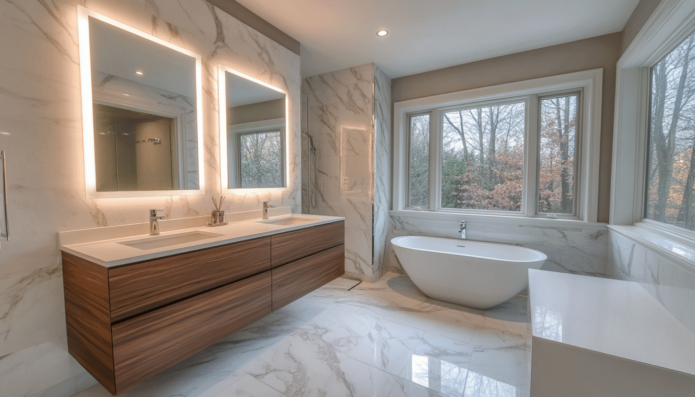 Modern marble bathroom with freestanding tub and wooden vanity for renovation.