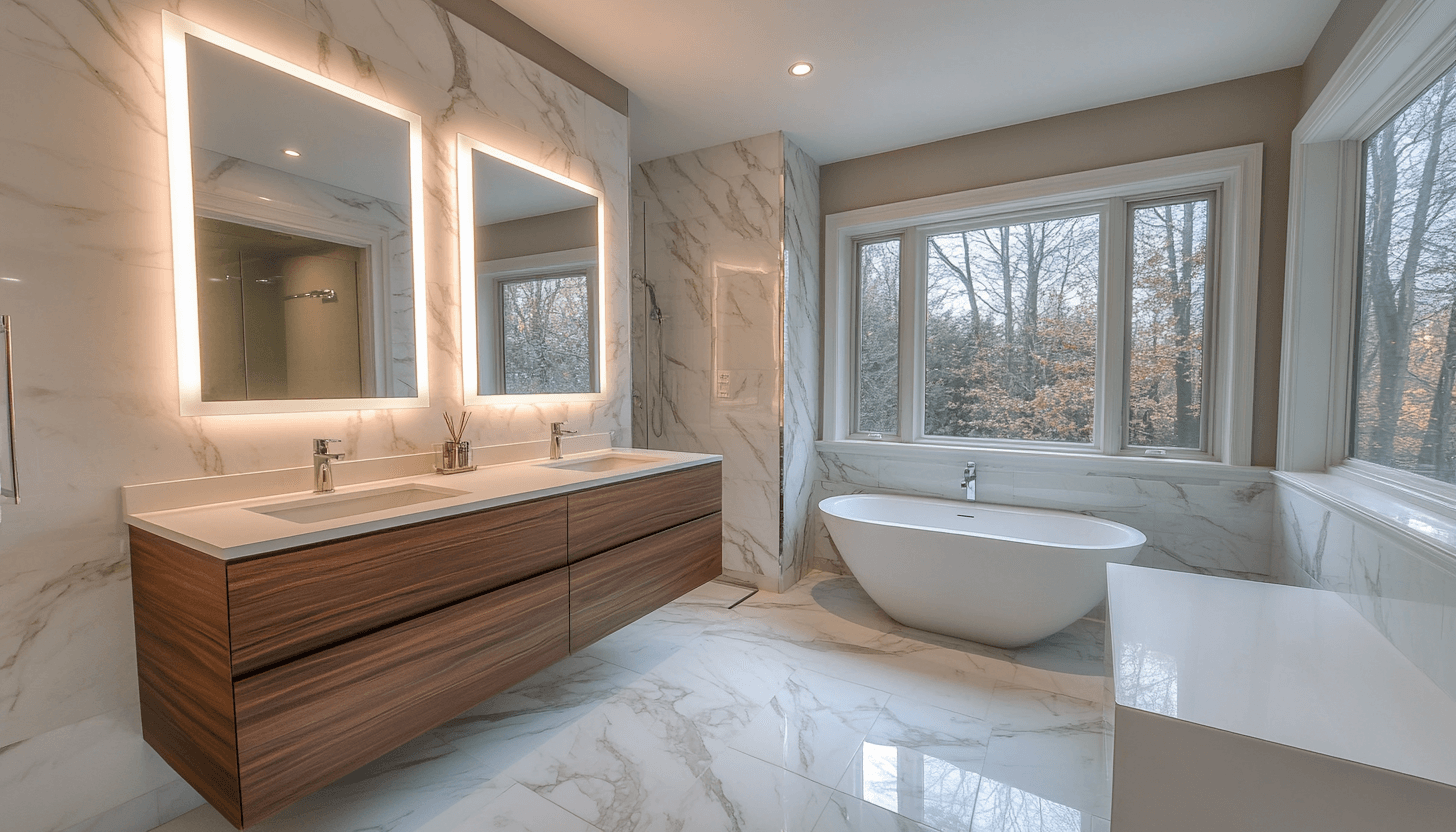 Modern marble bathroom with freestanding tub and wooden vanity for renovation for a Lagos or Abuja luxury home.