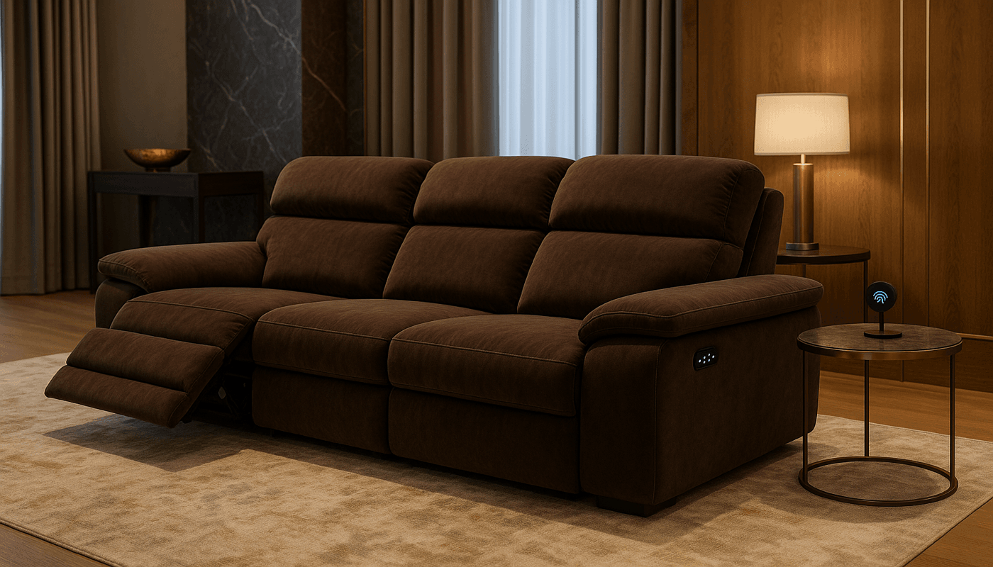 Custom made brown reclining sofa with sleek design and integrated controls.