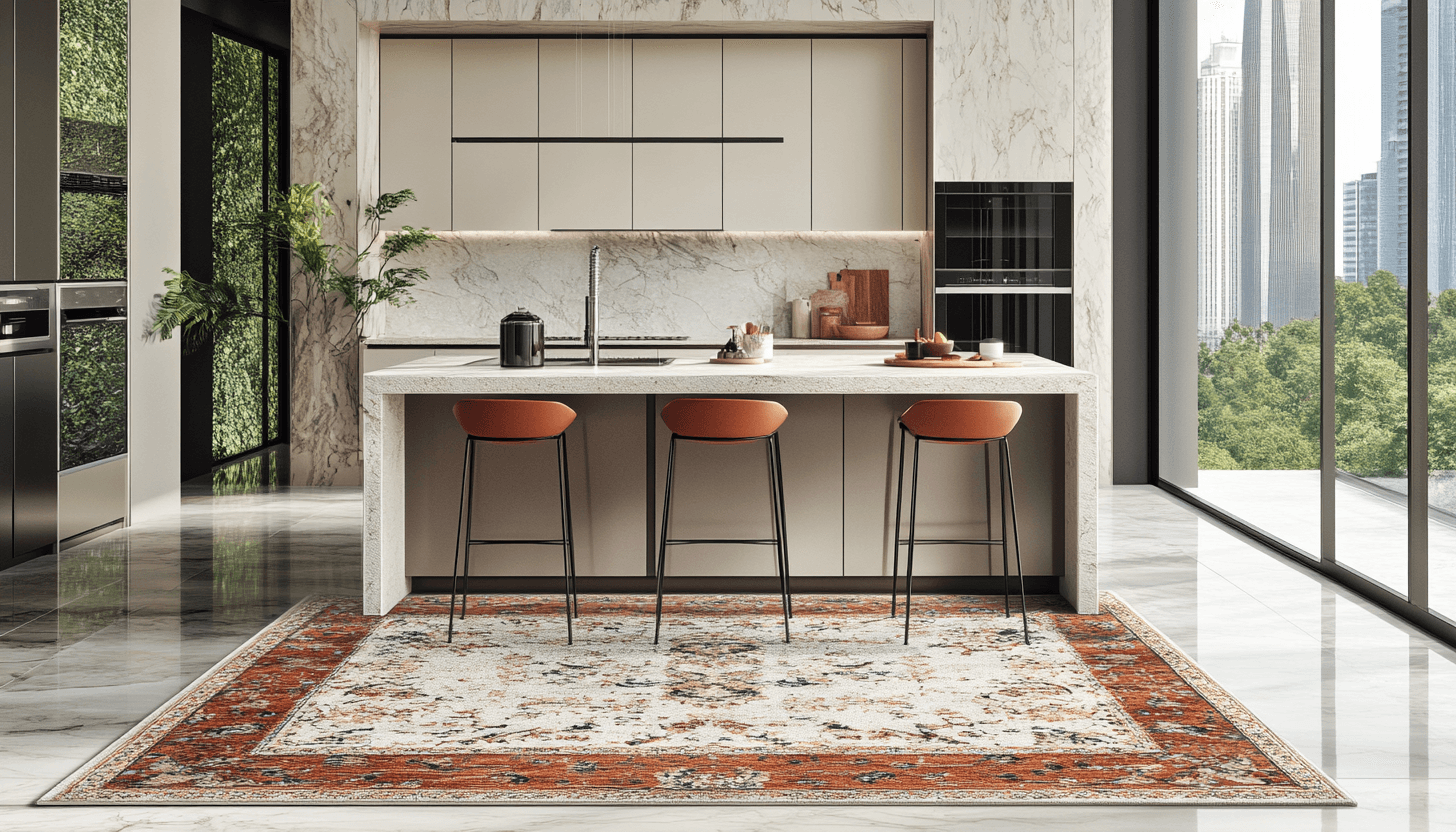 Modern kitchen featuring designer rug in with orange stools and marble surfaces for a Lagos or Abuja luxury home.