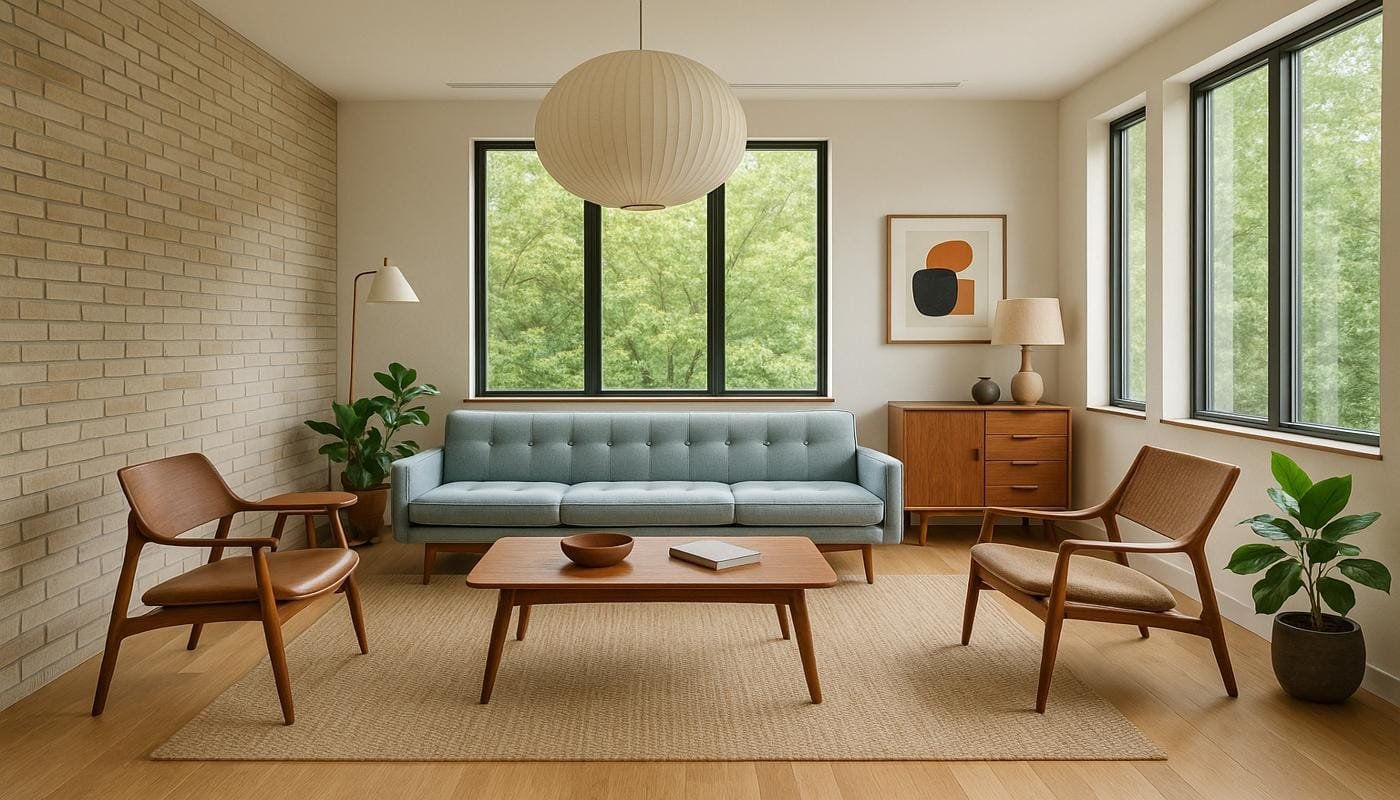 Contemporary living room with bespoke lighting and mid-century modern furniture.