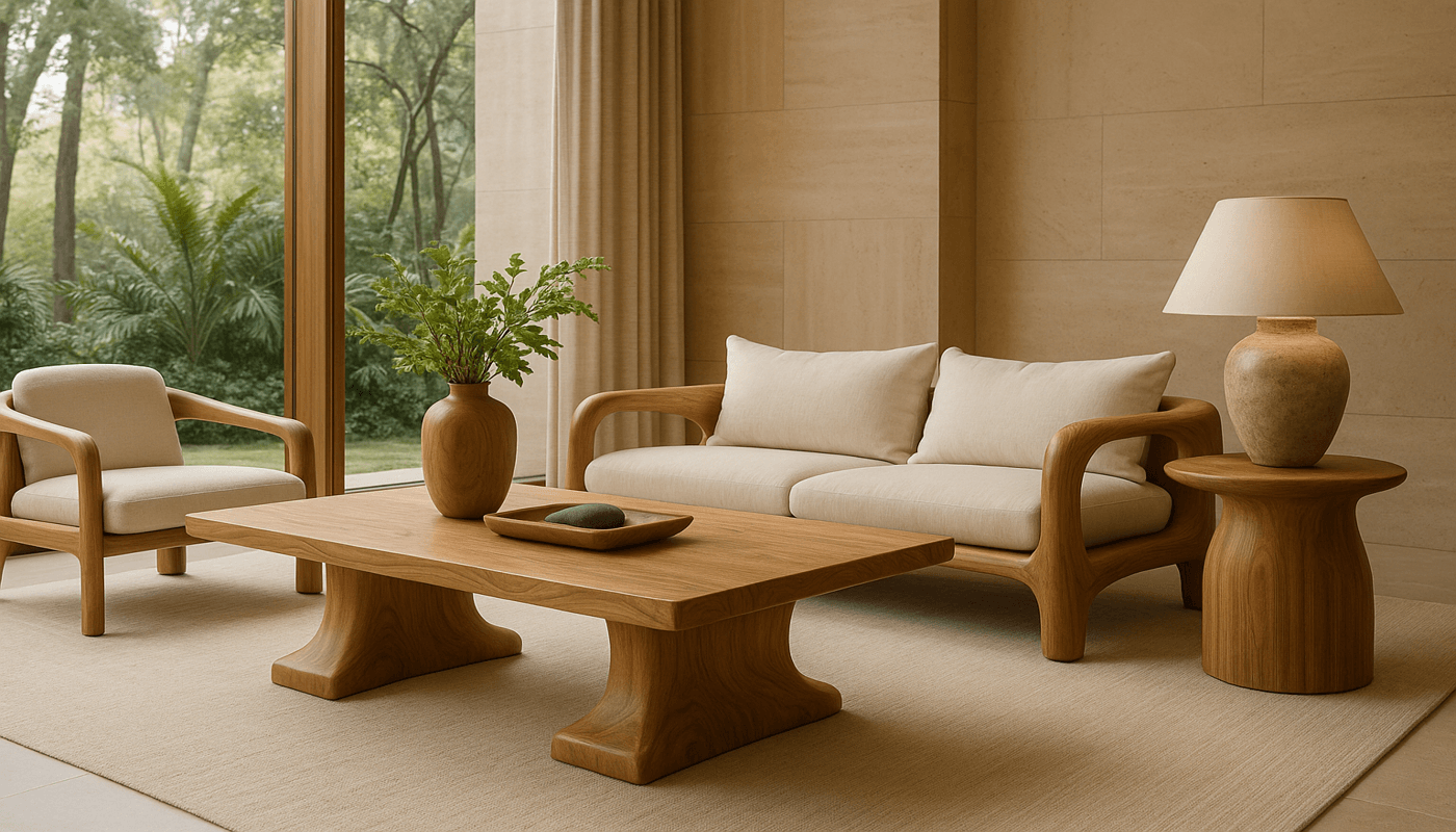 Custom made wooden sofa, coffee table, and side table in a modern living room for a Lagos or Abuja luxury home.