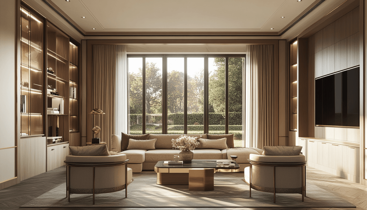 Modern living room with bespoke joinery, beige sofa, and minimalist TV unit for a Lagos or Abuja luxury home.