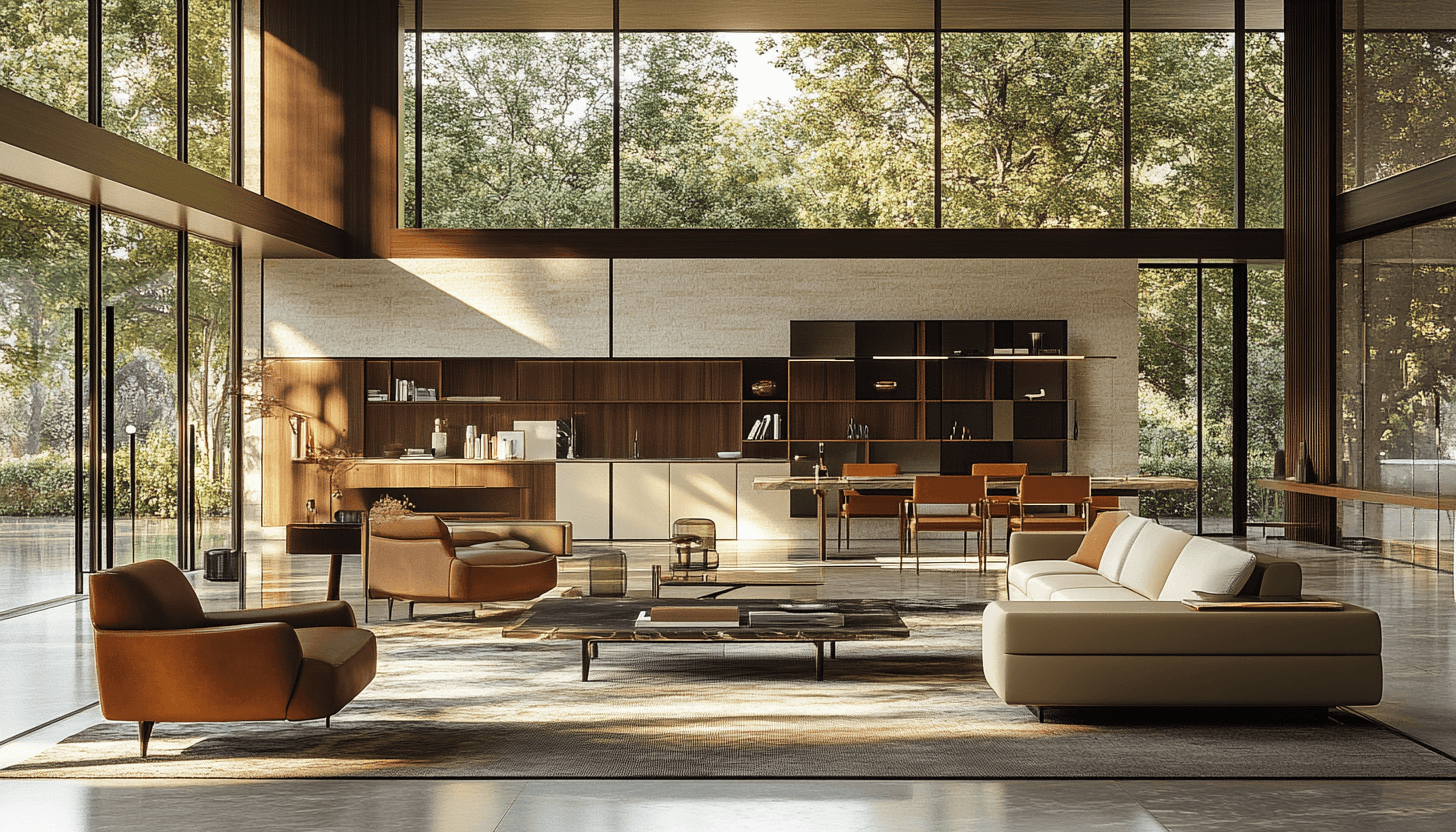 Modern living room with leather armchairs and cream sofa, furniture packages for a Lagos or Abuja luxury home.