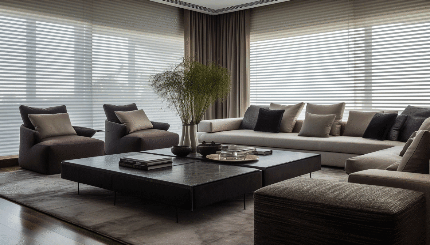 Neutral roller blinds with layered curtains in upscale Lagos living room