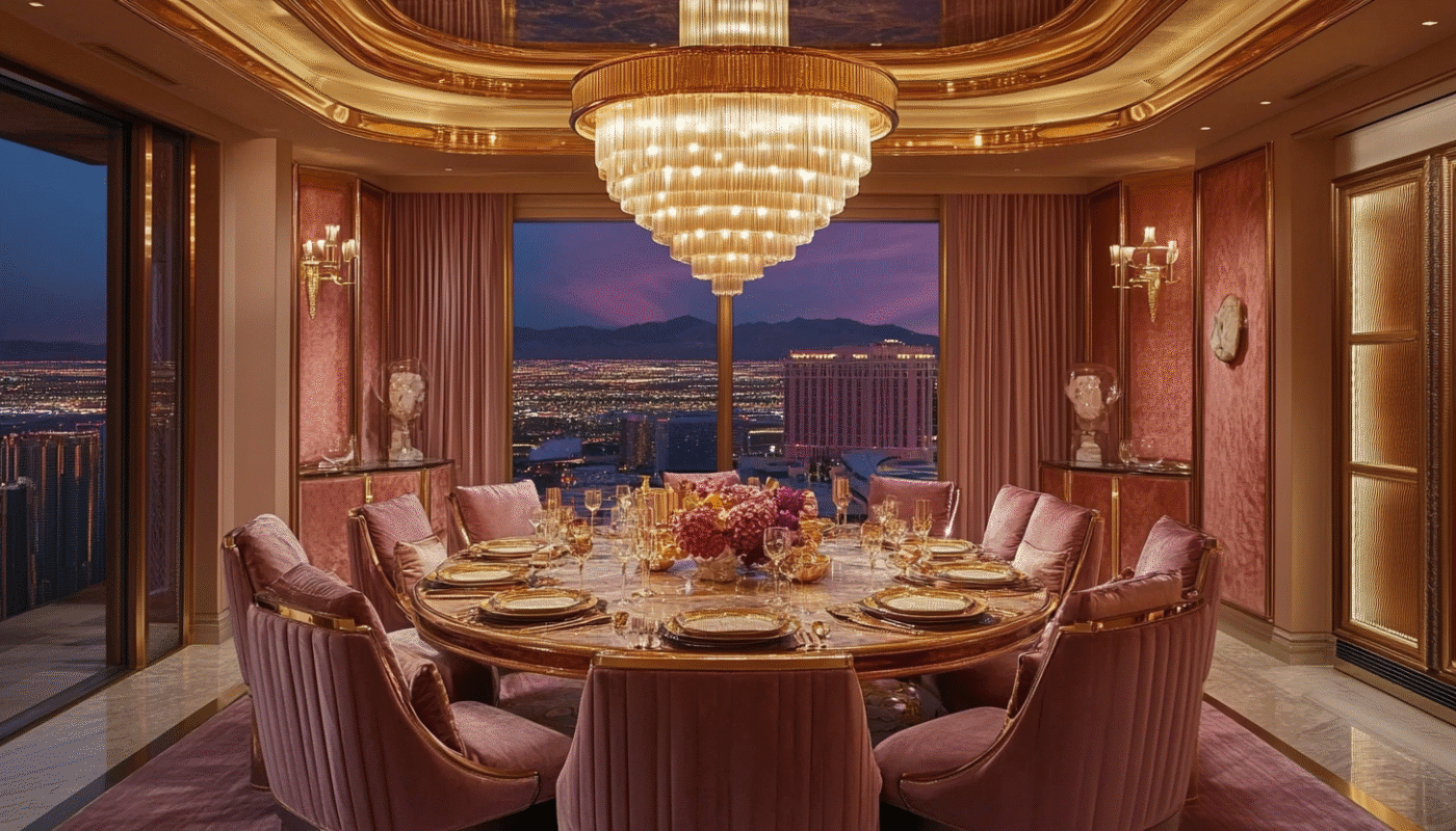 Warm metal accents and textured walls in luxury dining room with velvet chairs