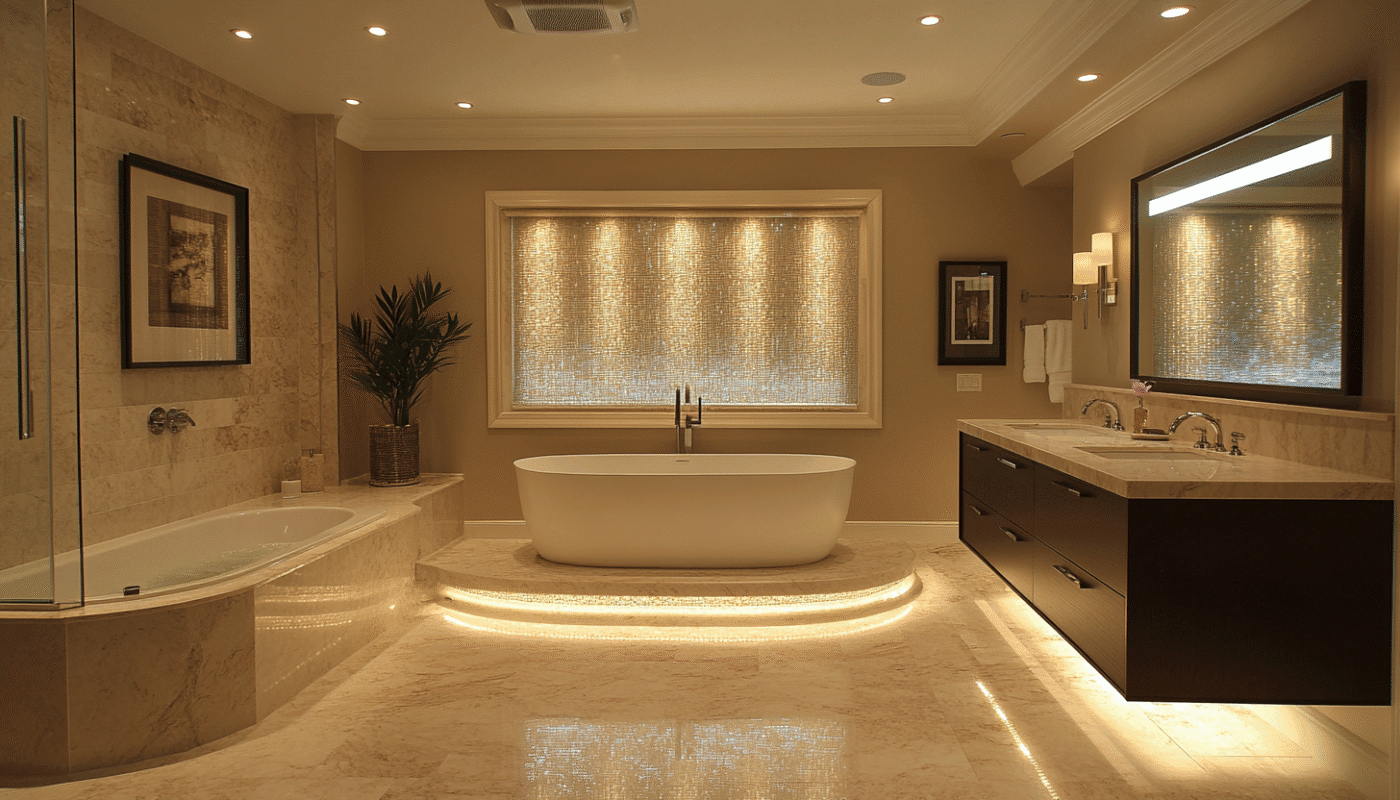 Modern bathroom remodel with freestanding tub and stylish vanity.