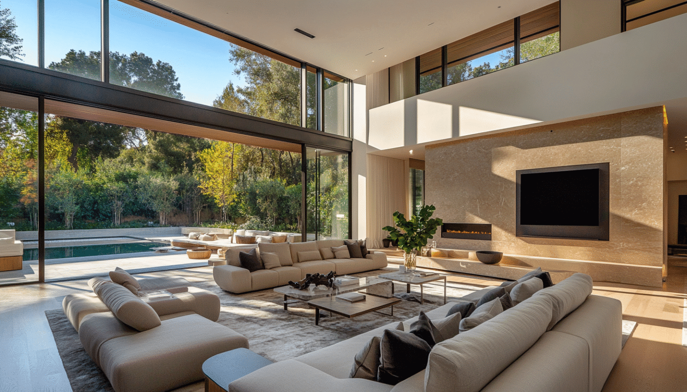 Contemporary living area with sofas and fireplace luxury renovations 2025