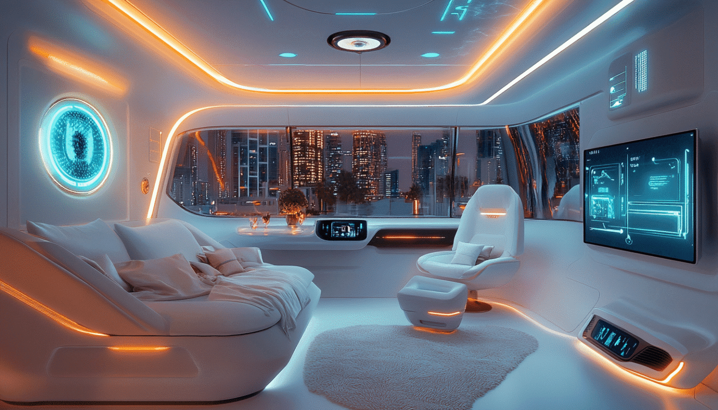 Futuristic living room with ambient lights for renovation Lagos smart home ideas.