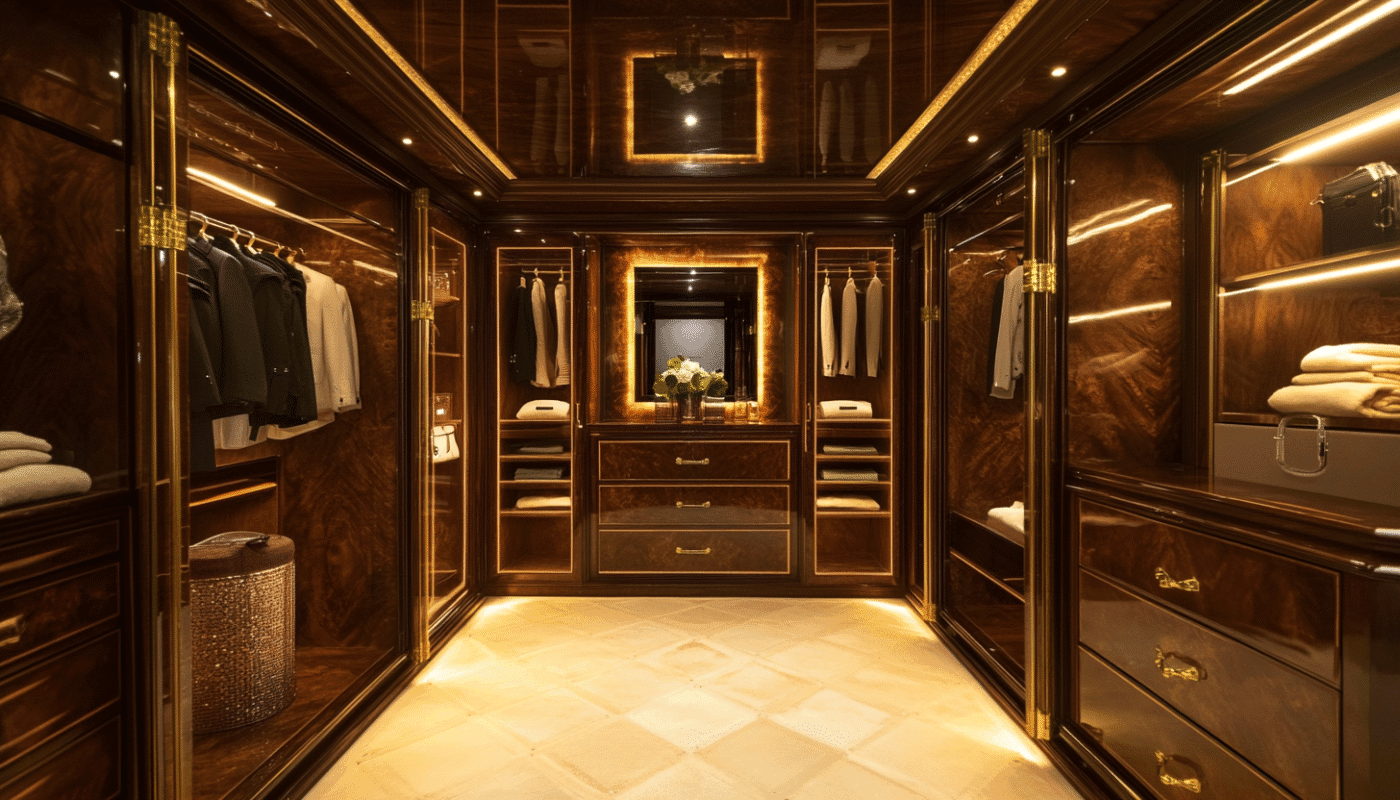 3 door wardrobe with glossy black lacquer sliding doors in minimalist bedroom