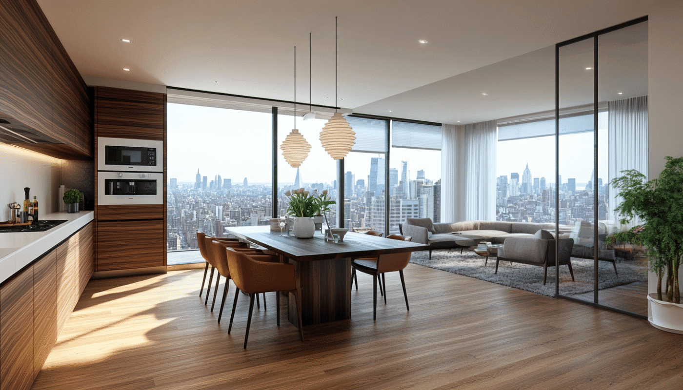 Modern furniture packages Lagos with dining set and living room sofas in luxury apartment.