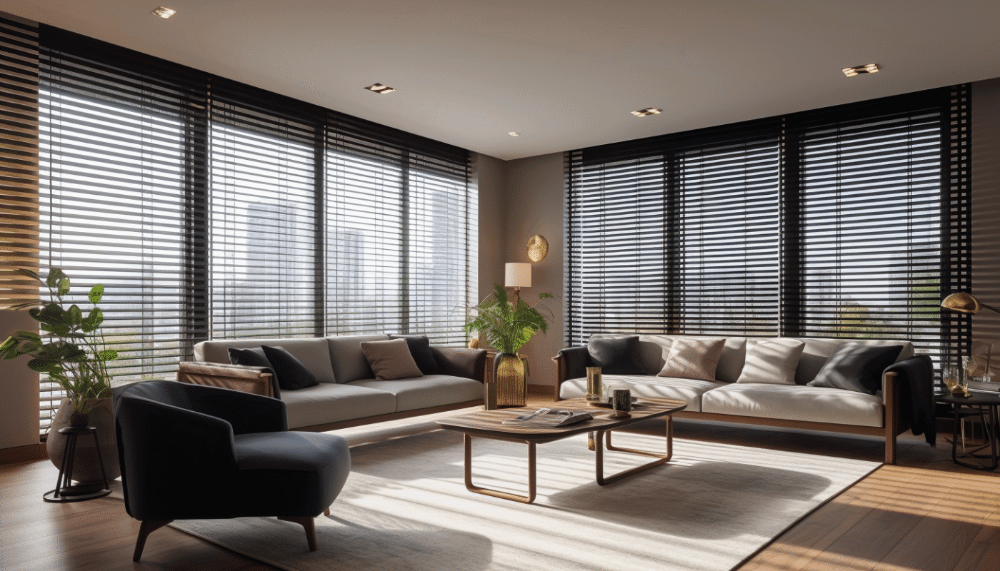 Black horizontal window blinds paired with curtains in modern Lagos living space