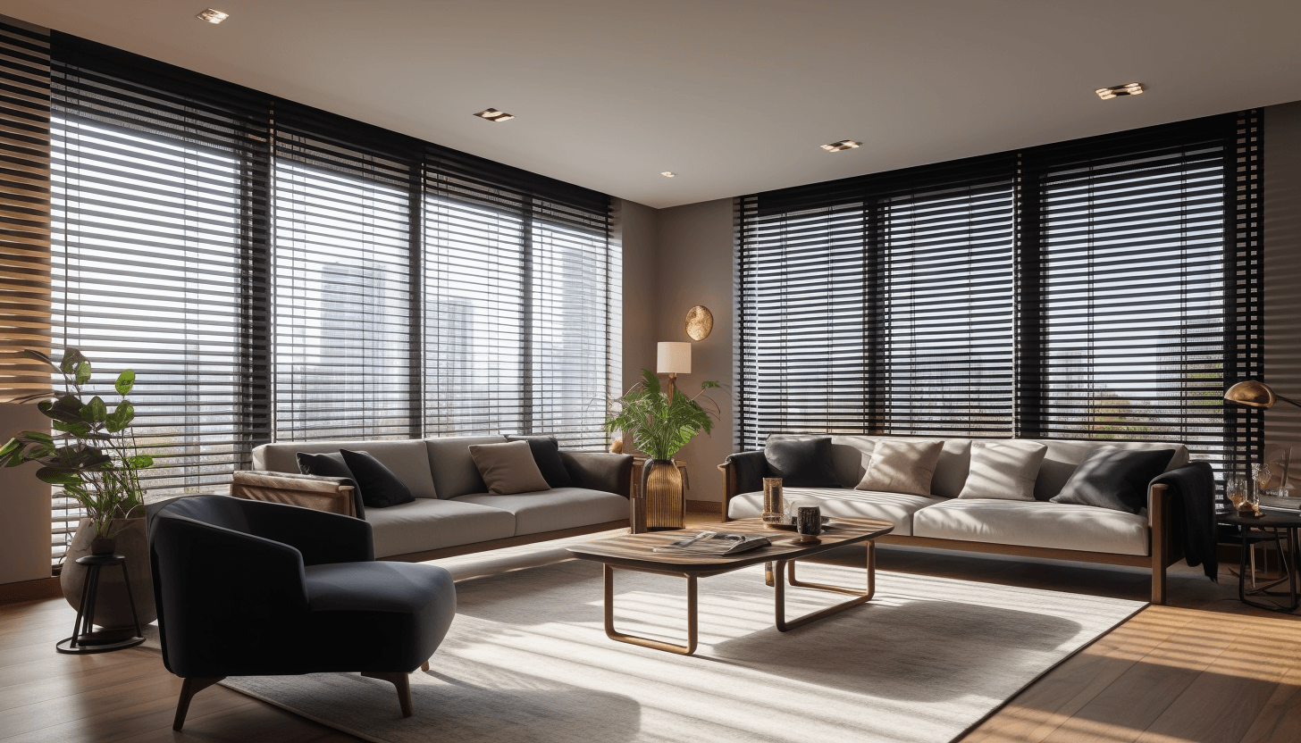Black horizontal window blinds paired with curtains in modern living space for a Lagos or Abuja luxury home.