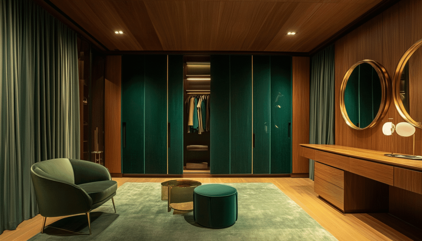 2 door velvet wardrobe with gold trim detailing and elegant upholstery panels