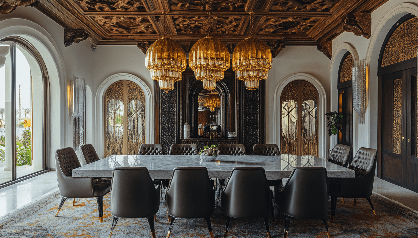 Elegant villa dining room with marble table and golden chandeliers for a Lagos or Abuja luxury home.