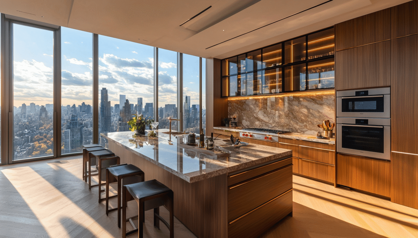 Bespoke kitchen with marble island and city view through large windows