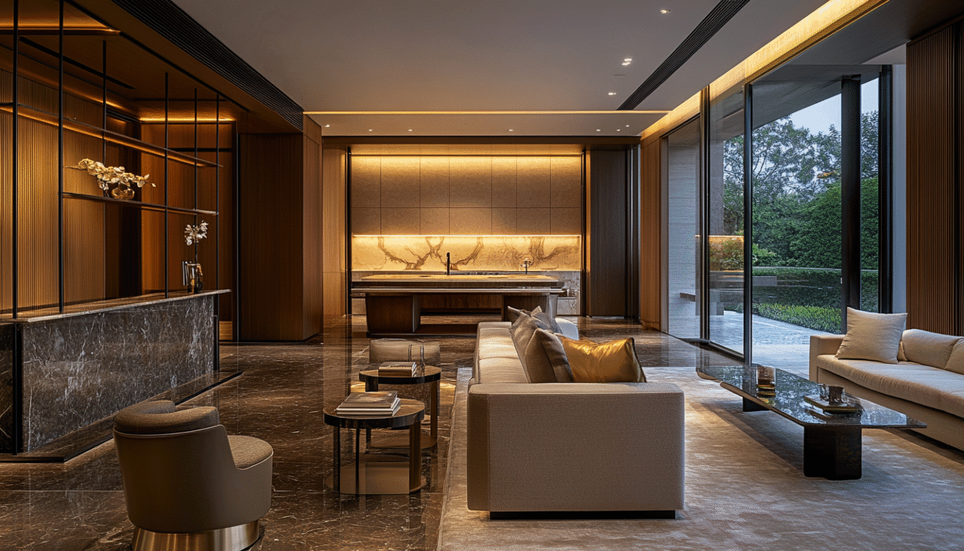 Contemporary kitchen with bespoke wood joinery and large marble island