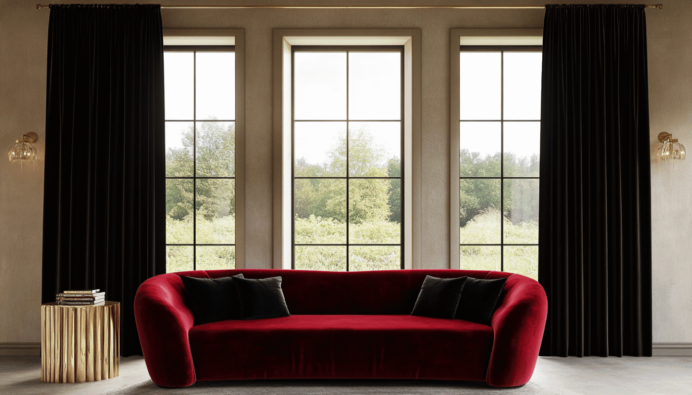 Red velvet sofa with black curtains in a stylish living room.