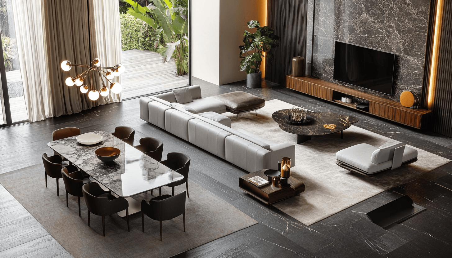 Complete house furniture packages with marble dining table, dark chairs, and grey sofa for a Lagos or Abuja luxury home.