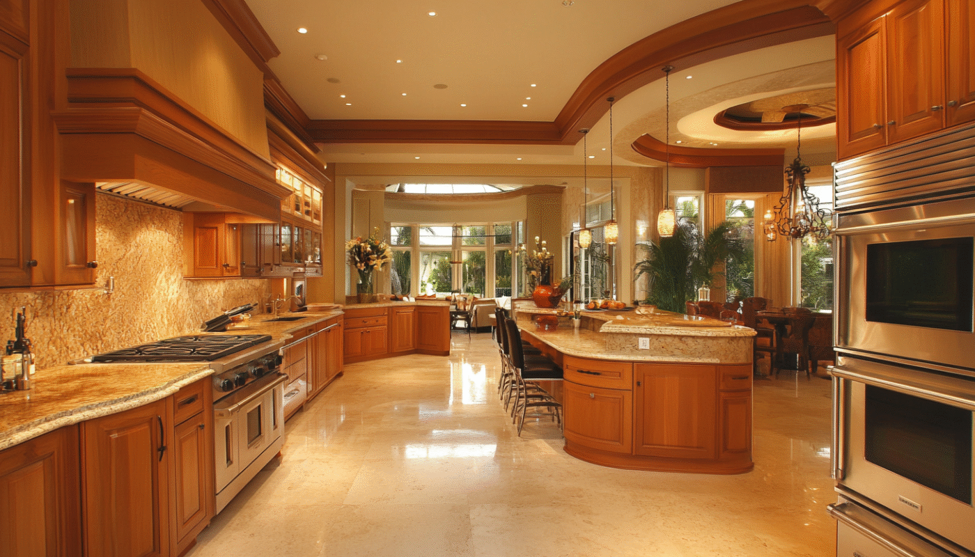 Classic bespoke kitchen with dark wood cabinets, marble floor, and luxurious lighting
