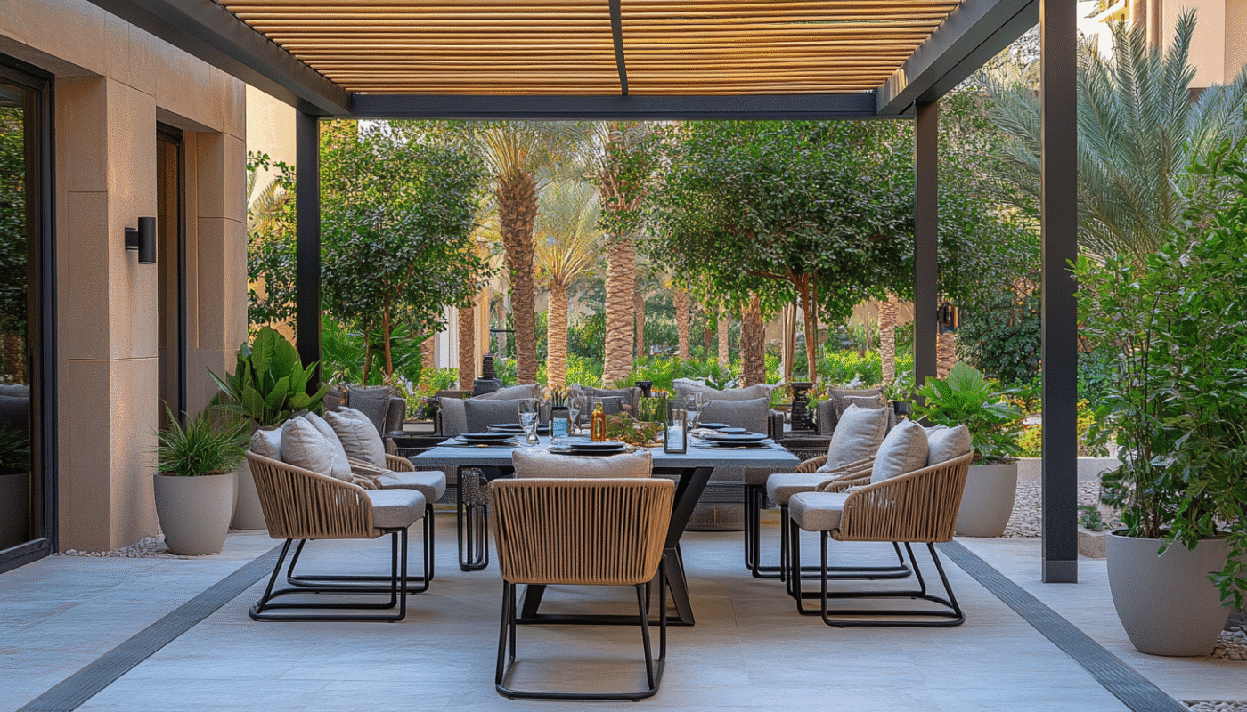 High-end rattan outdoor furniture set in Nigeria villa with modern garden and shaded pergola