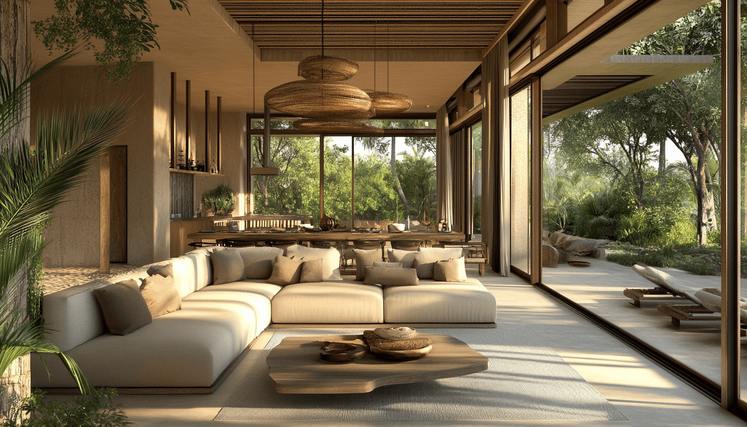 Beige L shaped sofa and wooden coffee table in a sunlit living room with garden views for a Lagos or Abuja luxury home.