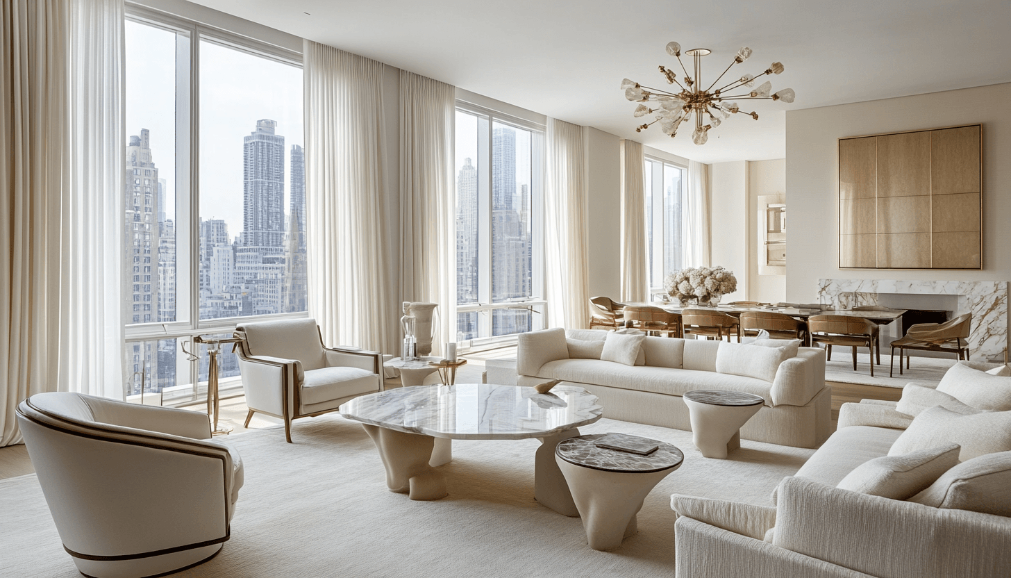 Luxury living room with white curtains, sheer fabric, and white sofas with marble tables for a Lagos or Abuja luxury home.