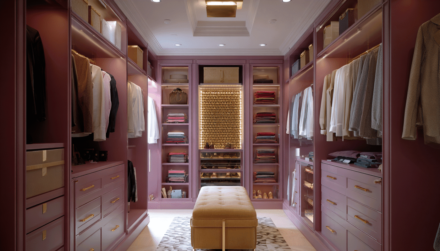 5-door wardrobe design with segmented hanging and storage for shoes and accessories.