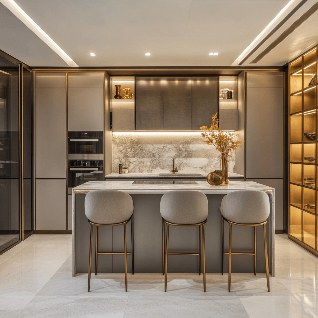 Luxury basement kitchenette with marble backsplash, gold accents, and three bar stools for a Lagos or Abuja luxury home.