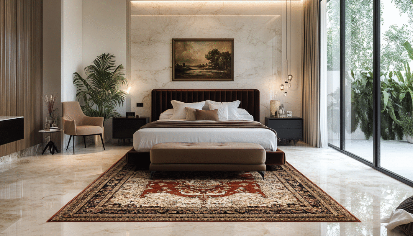 Luxurious bedroom with marble flooring and a red Persian rug under a modern bed